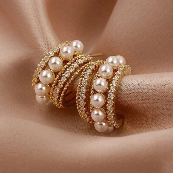 Gold Pearl Hoop Earrings CZ Diamond Hoops Wedding Party Hoop Earrings - Picture 2 of 2